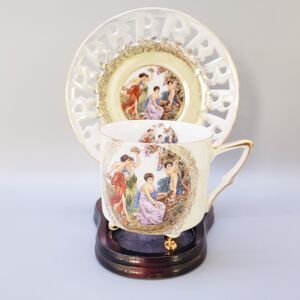 LM Royal Halsey Very Fine China Tea Cup & Saucer Pierced Victorian Scene Luster